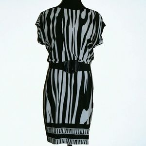 B/W Print Belted Tunic Dress